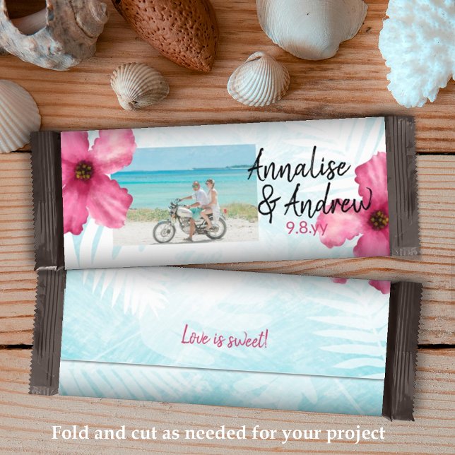 Lámina Envoltura de hibiscus Boda Candy Bar Turquesa Rosa (pink hibiscus tropical wedding candy chocolate bar personalized wrapper budget diy alternative candy)