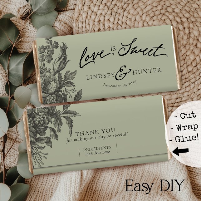 Lámina Envoltura de regalo de barra de chocolate floral v (Easy DIY sage green elegant vintage floral Love is Sweet monogram chocolate bar favor paper wrappers)