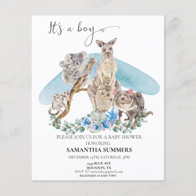 Lámina Es un niño australiano de Baby Shower azul (Anverso)