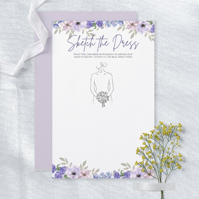 Lámina Esbozo de flores moradas juego de ducha de vestime (Purple Flower Sketch the Dress Bridal Shower Game)