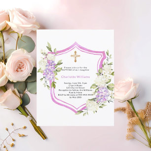 Lámina Escudo de bautismo flores púrpura rosa invitación 