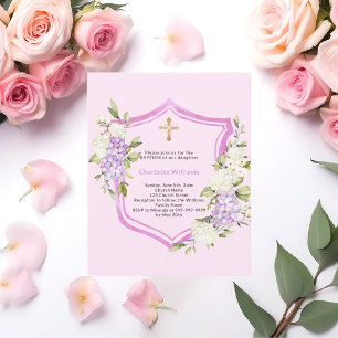 Lámina Escudo de bautismo flores rosadas invitación chica
