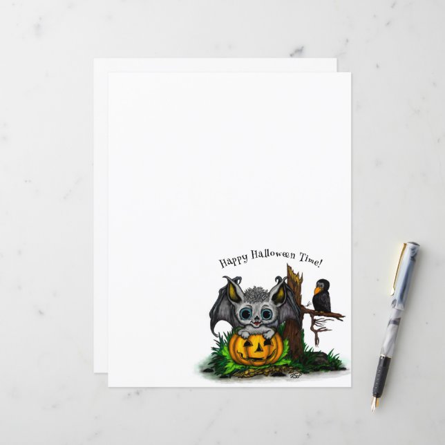 Lámina Esperando Halloween , Cute Bat y Raven (Anverso/Reverso In Situ)