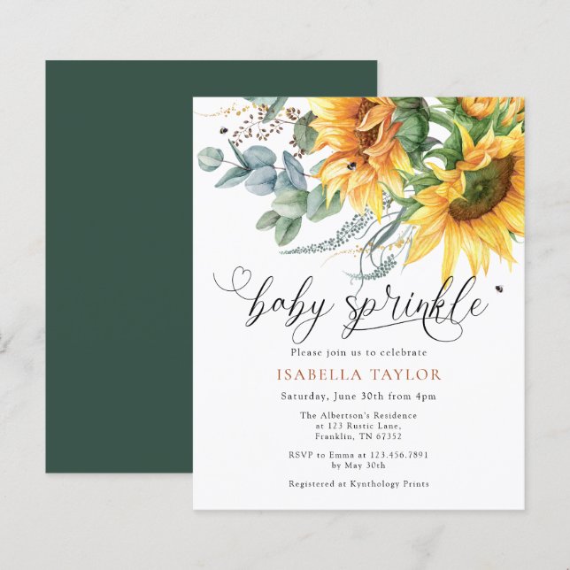 Lámina Espoleta de Baby Shower de girasol rústico presupu (Anverso / Reverso)