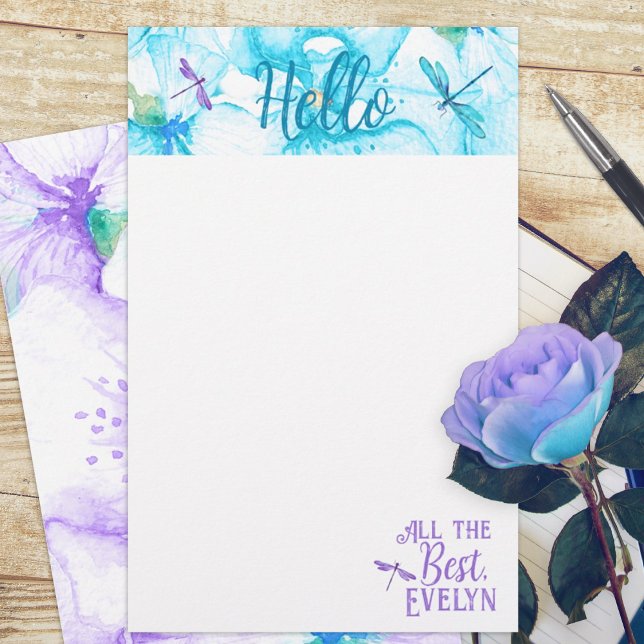 Lámina Estacionamiento personal de la libélula violeta tu (turquoise aquamarine purple dragonflies floral budget personalized letter writing stationary paper )