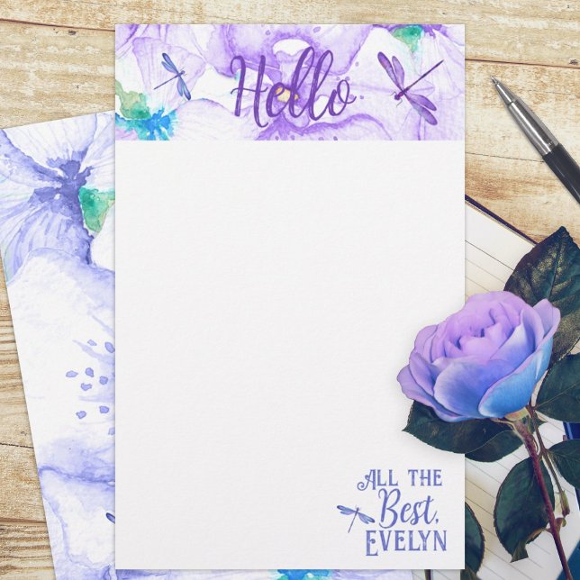 Lámina Estacionamiento personalizado de la libélula púrpu (whimsical purple blue dragonflies dragonfly budget personalized letter stationary paper sheets)