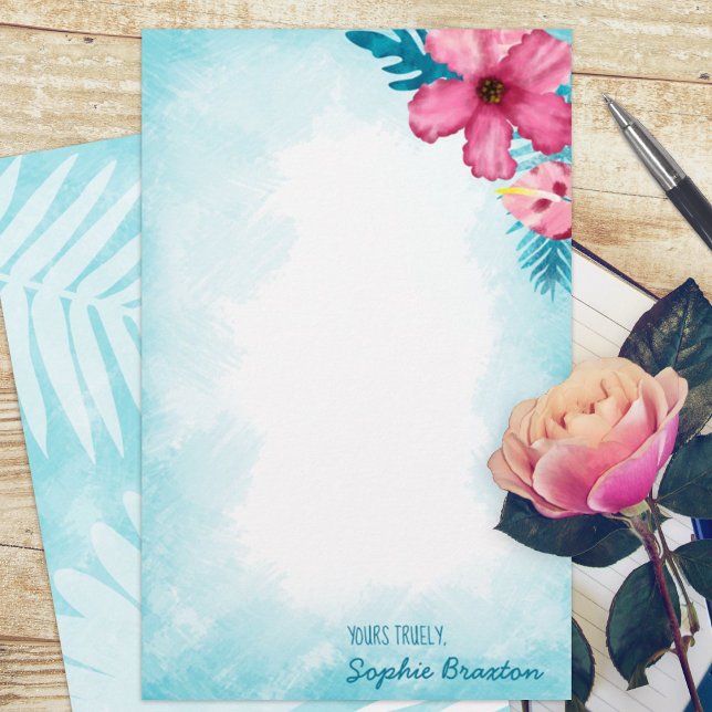 Lámina Estacionamiento personalizado del Hibiscus rosado  (tropical pink hibiscus flower turquoise budget personalized letter writing stationary paper sheets)