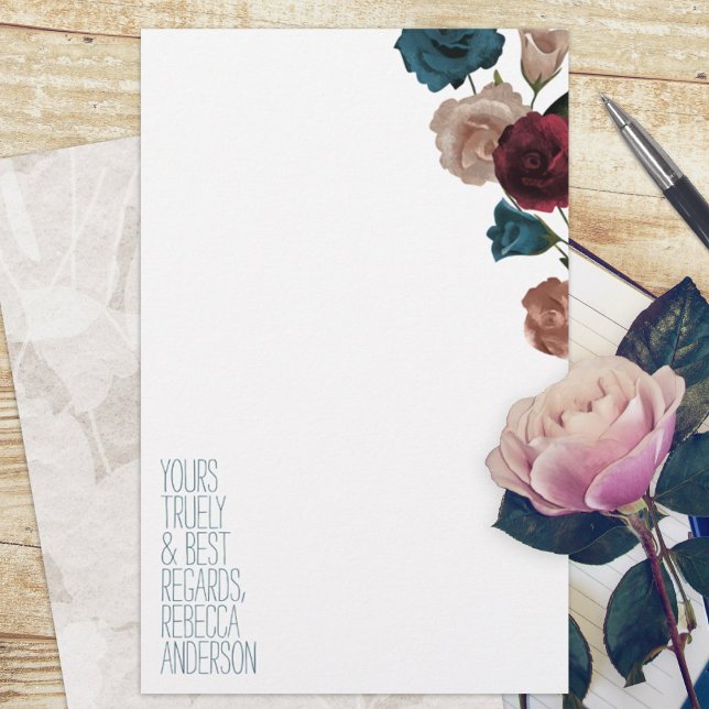 Lámina Estaciones personales de Rosas verde azulados, bor (botanical rose garden burgundy teal roses budget personalized letter writing stationary paper sheets)