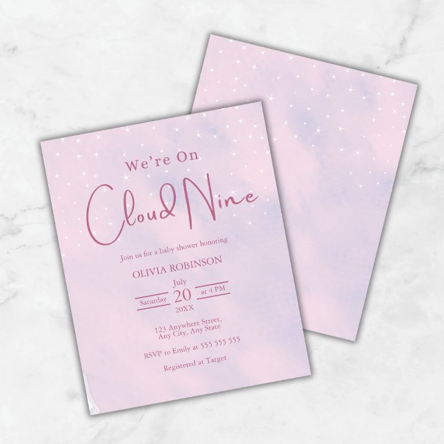 Lámina Estamos en la Invitación de Baby Shower Dreamy Pin (Budget We're On Cloud 9 Dreamy Pink Girl Baby Shower Invitation   )