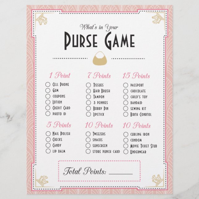 Lámina Estilo Art Deco ¿Qué hay en tu bolso? Juego (Anverso)