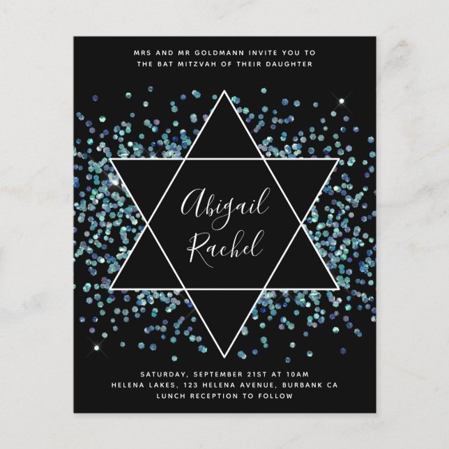 Lámina Estrella de David Budget Bat Mitzvah Invitación (Anverso)