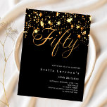 Lámina Estrellas de oro negro presupuesto invitación a cu<br><div class="desc">Una invitación moderna y elegante para una fiesta de cumpleaños número 50 tanto para él como para ella. Decorado con estrellas doradas. Antecedentes negros y la palabra Cincuenta escribió con grandes letras falsas de oro. Personalice y agregue un nombre y detalles del fiesta. 1 hoja = 1 borde impreso de...</div>