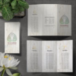 Lámina Estudio Tri-Fold Yoga Studio Brochures Meditation<br><div class="desc">Yoga Studio Instructor de Meditación / Entrenador de vida / Healer / Reiki Master / Massage Therapy Tri-Fold Brochures Plantilla - Elegante Hoja Verde de Bodhi y Yogi en pose fácil de asiento / Pose fácil de YOGA / Sukhasana Pose sobre fondo de madera blanca. Fácil de personalizar con tu...</div>