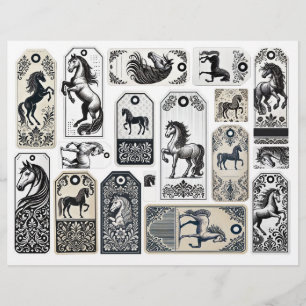 Lámina Etiquetas de Damask Flouried con caballos