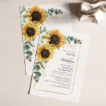 Lámina Eucalipto de girasol Invitación a los 50 años<br><div class="desc">Invitación geométrica del 50º aniversario de Sunflower Eucalyptus Floral Script con flores de moda boho y vegetación con marco geométrico.</div>