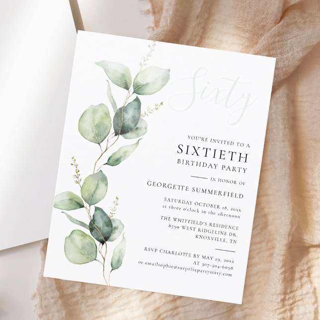Lámina Eucalyptus 60.ª Invitación a la Fiesta de Cumpleañ (Eucalyptus Budget 60th Birthday Party Invitation)