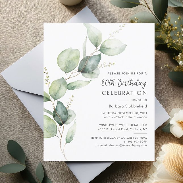 Lámina Eucalyptus 80ª Invitación a la Fiesta de Cumpleaño (80th Birthday Party Sage Green Eucalyptus Block Stem Budget Invitation)