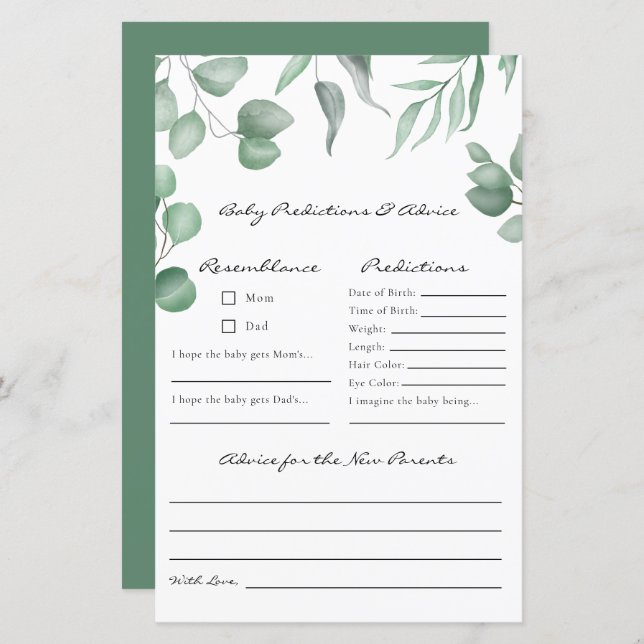 Lámina Eucalyptus Baby Shower Game Predictions & Advances (Anverso / Reverso)