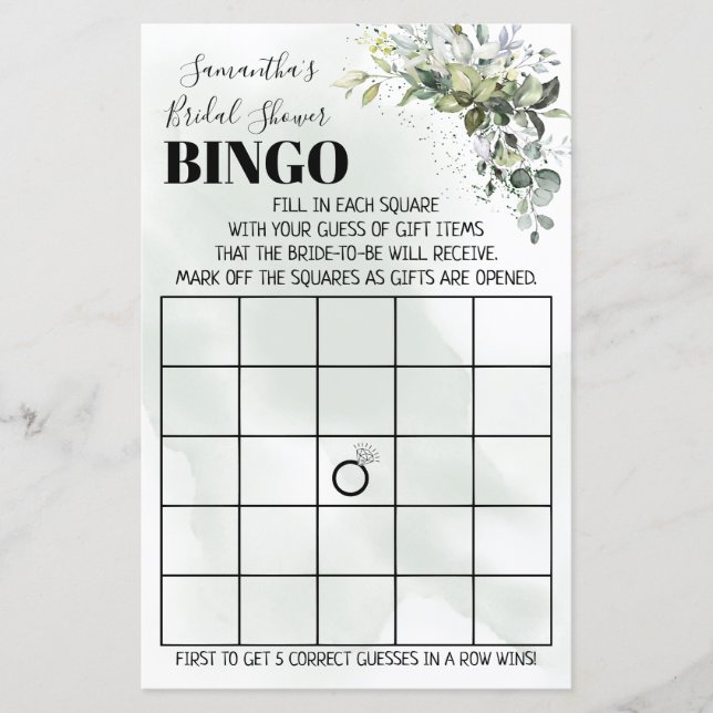 Lámina Eucalyptus Bingo Ducha de novia juego bilingüe (Anverso)