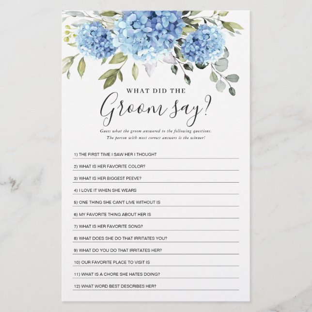 Lámina Eucalyptus Blue Hydrangea Bridal Shower Game (Anverso)