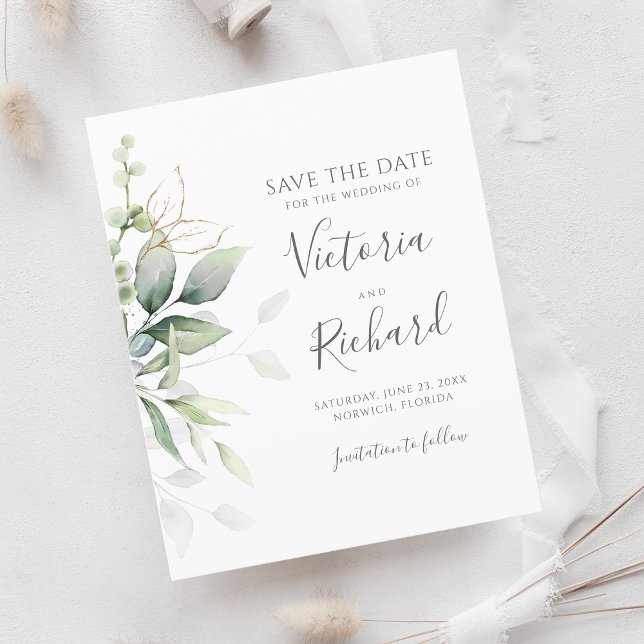 Lámina Eucalyptus Botanical Gold Greenery Save the Date (Subido por el creador)