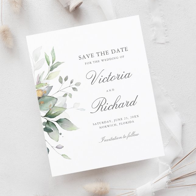 Lámina Eucalyptus Botanical Gold Greenery Save the Date (Subido por el creador)