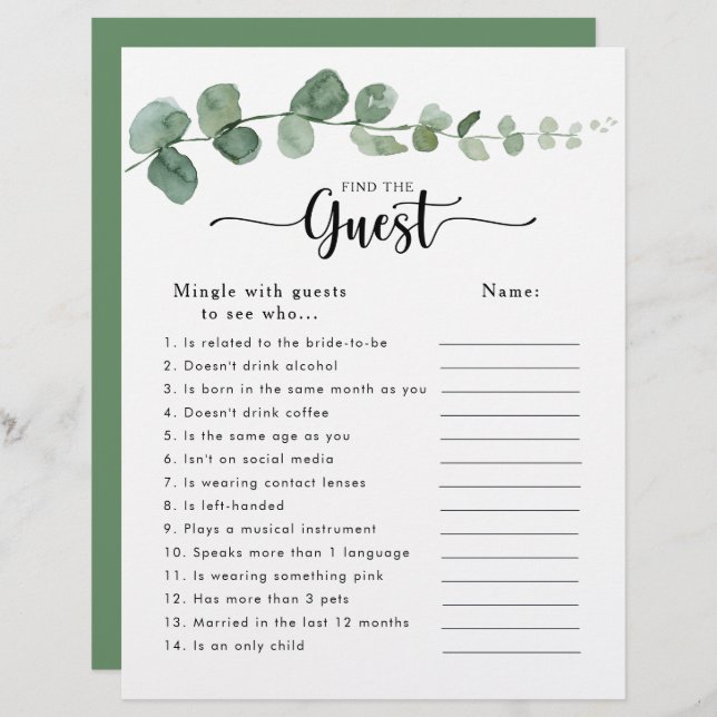 Lámina Eucalyptus Bridal Shower Find the Guest Game (Anverso / Reverso)