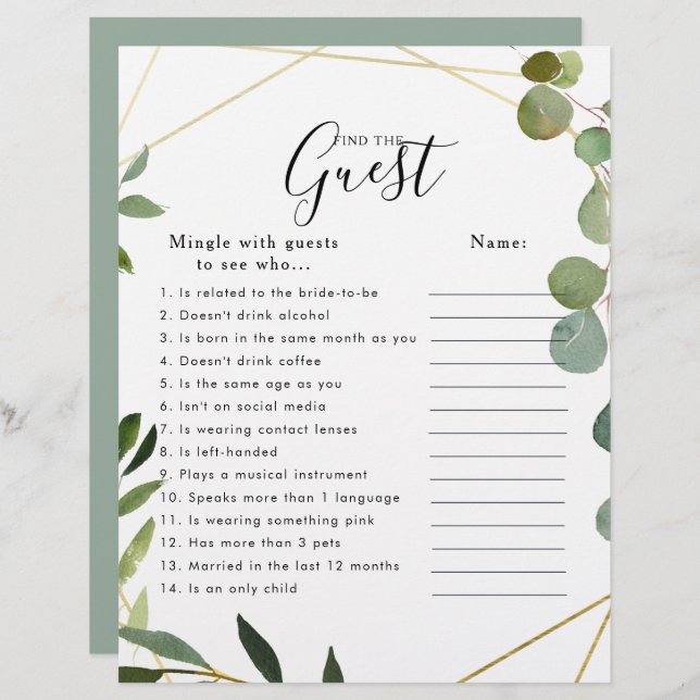 Lámina Eucalyptus Bridal Shower Find the Guest Game (Anverso / Reverso)