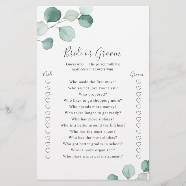 Lámina Eucalyptus Bride Groom Juego Rustic Bridal Shower (Anverso)