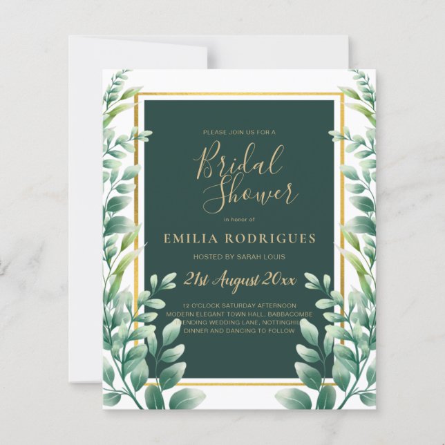 Lámina Eucalyptus deja a GOLD Bridal Shower Invitación (Anverso)