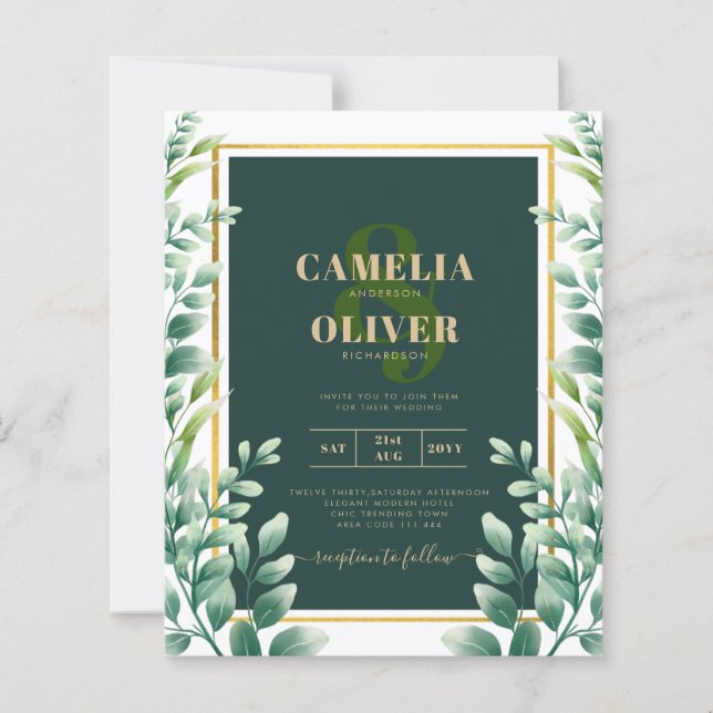 Lámina Eucalyptus deja al BODA ORO QR CÓDIGO INVITE RSVP (Anverso)