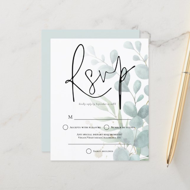 Lámina Eucalyptus Elegant Script Wedding RSVP (Anverso/Reverso In Situ)