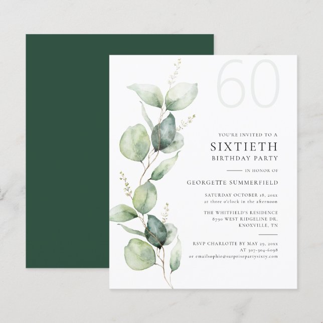 Lámina Eucalyptus Greenery 60th Birthday Party Invitation (Anverso / Reverso)