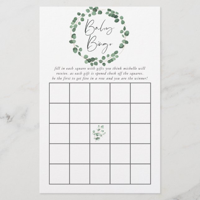 Lámina Eucalyptus Greenery Baby Shower Bingo (Anverso)