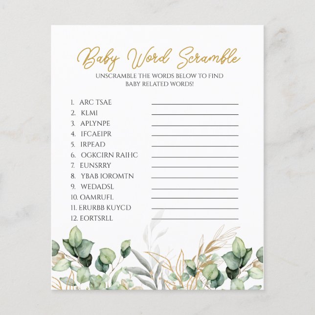 Lámina Eucalyptus Greenery Baby Shower Word Scramble Game (Anverso)