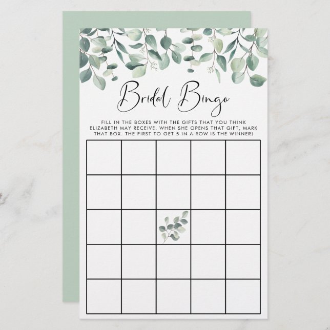 Lámina Eucalyptus Greenery Bridal Bingo Shower Game (Anverso / Reverso)