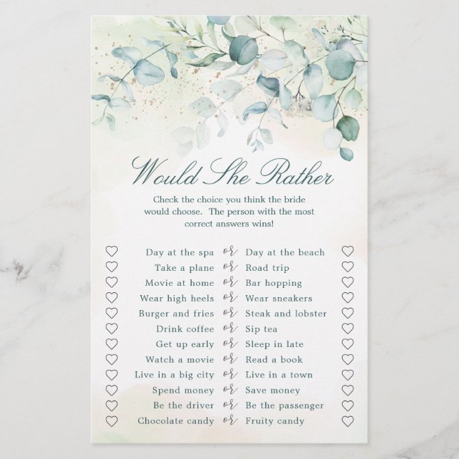 Lámina Eucalyptus Greenery Bridal Shower Game (Anverso)