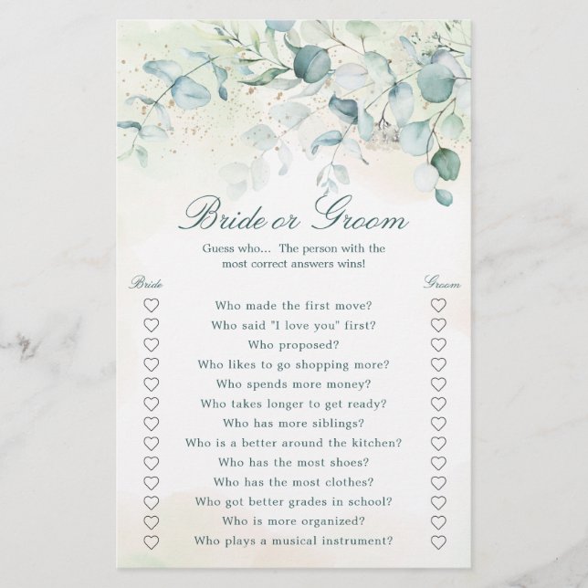 Lámina Eucalyptus Greenery Watercolour Bridal Shower Game (Anverso)