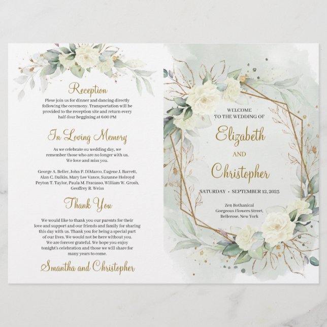 Lámina Eucalyptus Greenery White Roses Gold (Anverso)