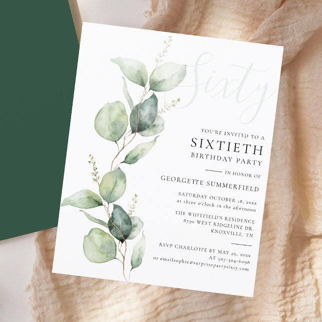Lámina Eucalyptus Mom 60th Birthday Party Invitation (Modern Sage Green Eucalyptus 60th Birthday Party Invitation)