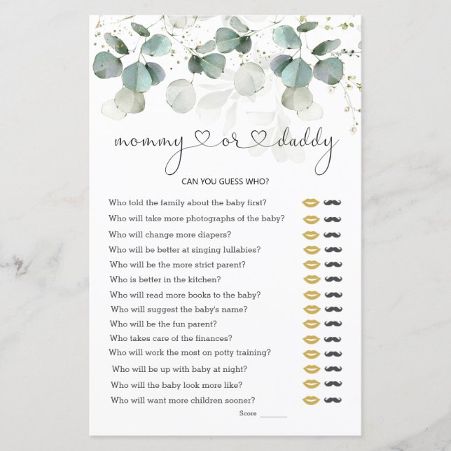 Lámina Eucalyptus Mommy o Daddy Baby Shower Game (Anverso)
