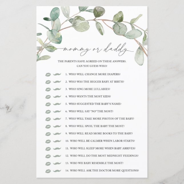 Lámina Eucalyptus Mommy or Daddy Game (Anverso)