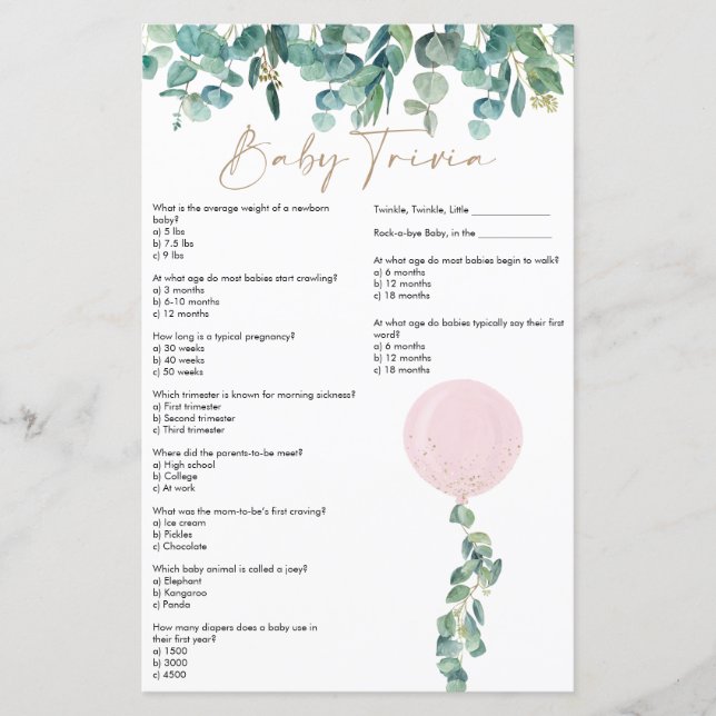 Lámina Eucalyptus Pink Balloon Baby Shower Baby Trivia (Anverso)
