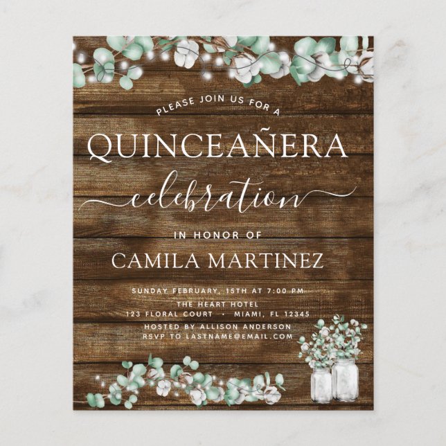 Lámina Eucalyptus Rustic Wood Quinceanera (Anverso)