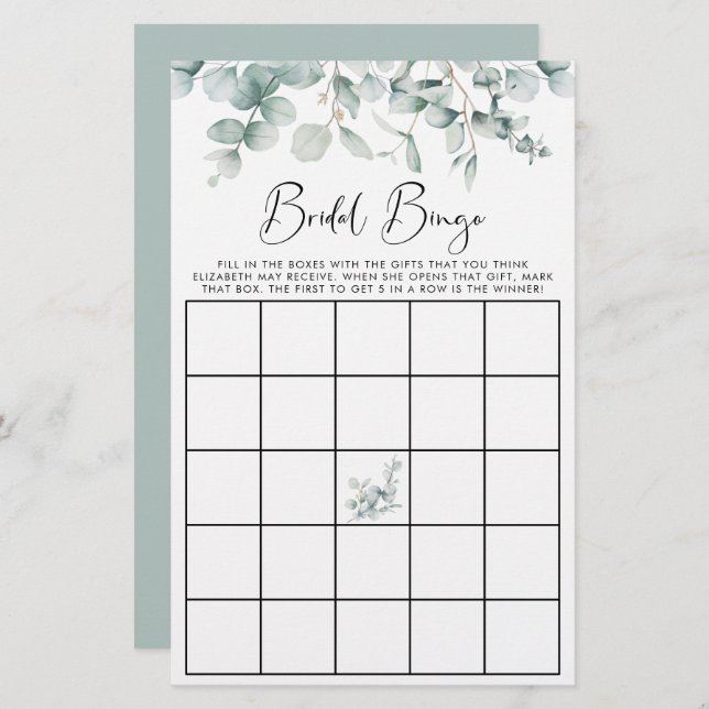 Lámina Eucalyptus Watercolor Bridal Bingo Shower Juego (Anverso / Reverso)