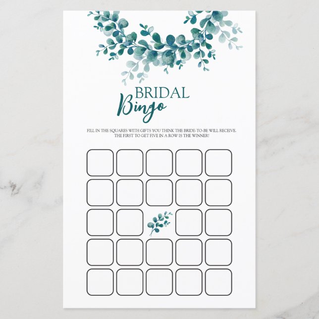 Lámina Eucalyptus Watercolor Greenery Bridal Shower Bingo (Anverso)