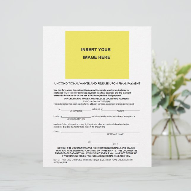 Lámina Exención y liberación incondicionales en blanco al