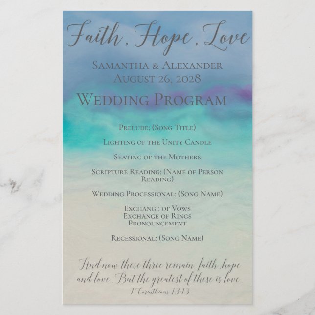 Lámina Faith Hope Love Watercolor Bible Verse Boda (Anverso)
