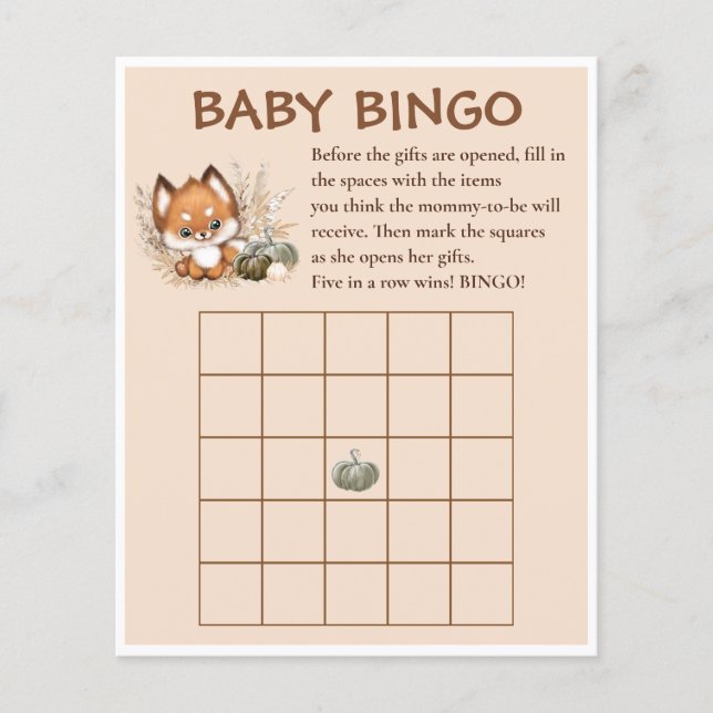 Lámina Fall Baby Shower Cute Fox Pumpkins Baby Bingo (Anverso)