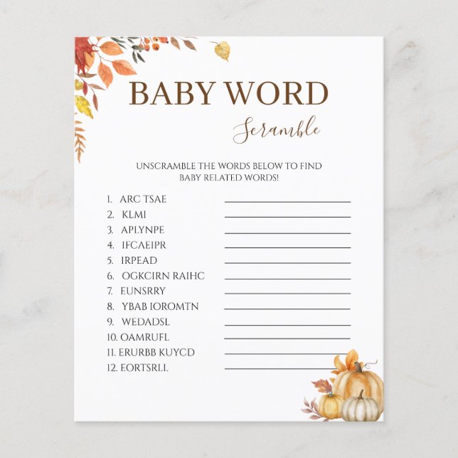 Lámina Fall Boho Baby Shower Word Scramble Game (Anverso)